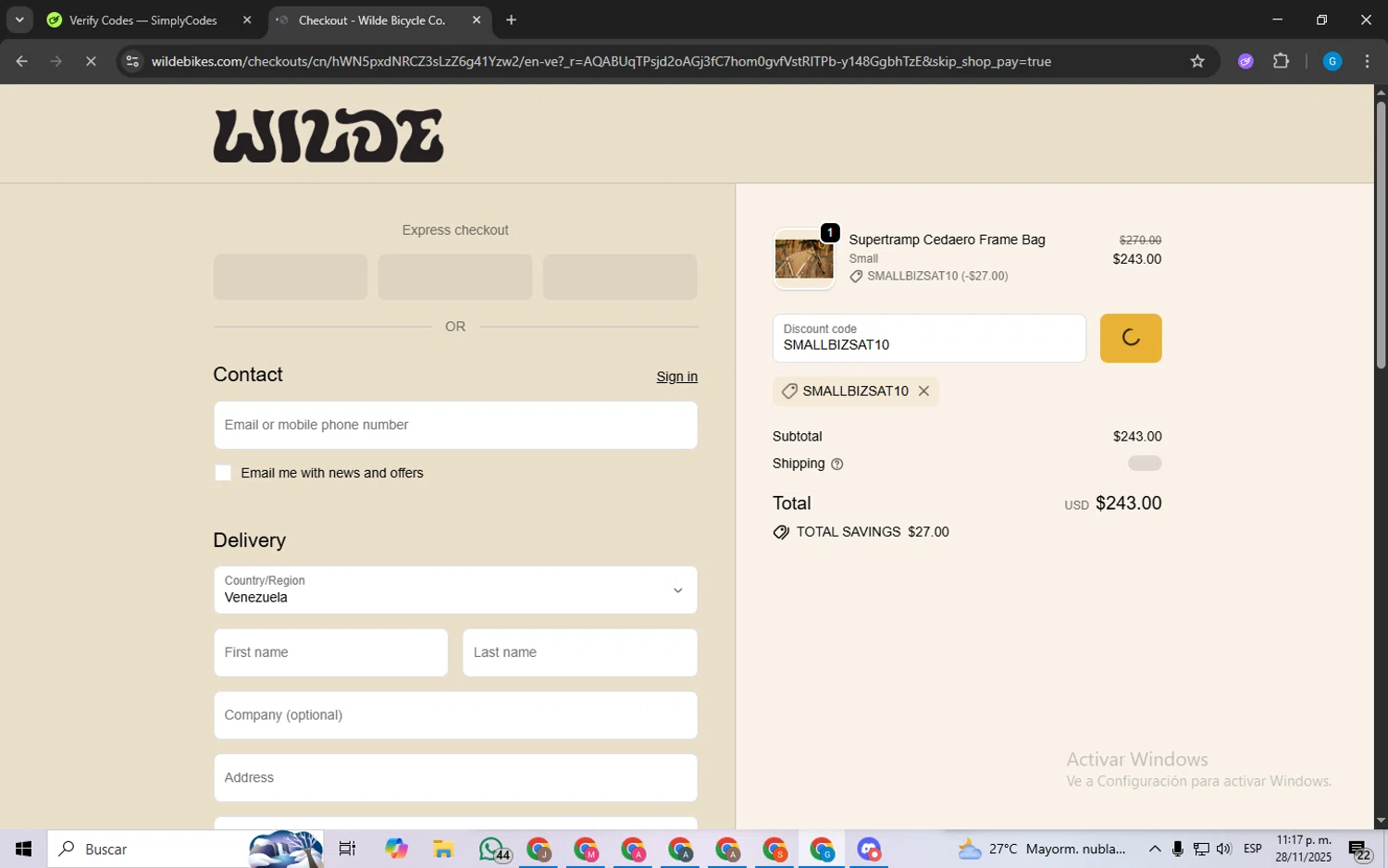 Wilde Bicycle promo code screenshot showing code SMALLBIZSAT10 applied at Wilde Bicycle checkout page. Uploaded by SimplyCodes community member FrugalLynx8088 on Nov 29, 2025