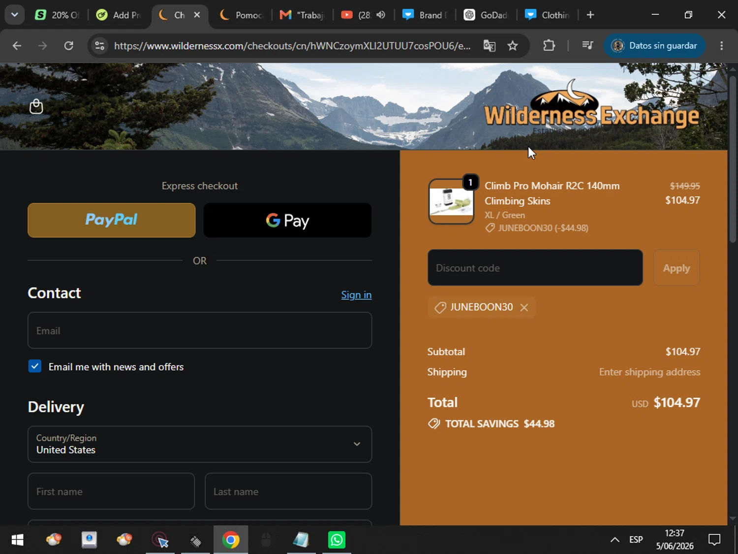 Wilderness Exchange promo code screenshot showing code Juneboon30 applied at Wilderness Exchange checkout page. Uploaded by SimplyCodes community member MarcosAranguren on Jun 5, 2026