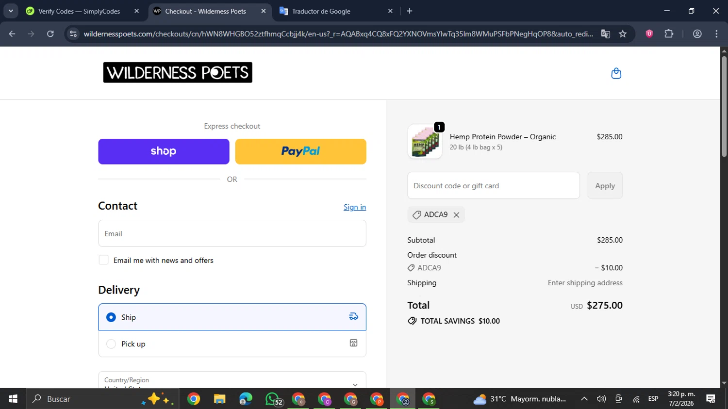 Wilderness Poets checkout page showing Wilderness Poets discount code box | Screenshot taken by SimplyCodes community member on Feb 7, 2026
