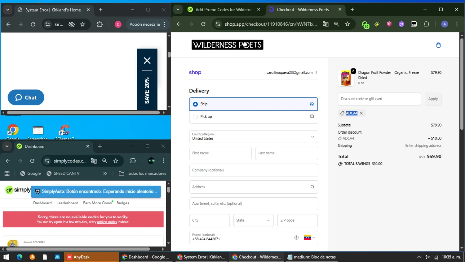 Wilderness Poets discount code screenshot showing code ADCA4 applied at Wilderness Poets checkout page. Uploaded by SimplyCodes community member Carolina23 on Feb 3, 2026