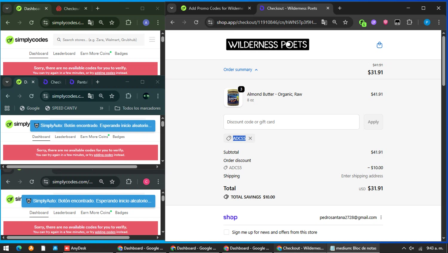 Wilderness Poets discount code screenshot showing code ADCS5 applied at Wilderness Poets checkout page. Uploaded by SimplyCodes community member MAVESA on Feb 9, 2026