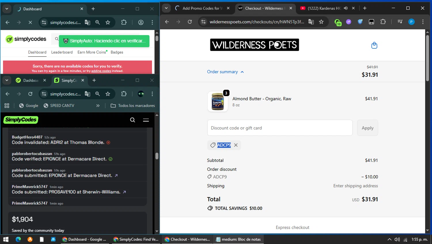Wilderness Poets discount code screenshot showing code ADCP9 applied at Wilderness Poets checkout page. Uploaded by SimplyCodes community member MAVESA on Feb 1, 2026
