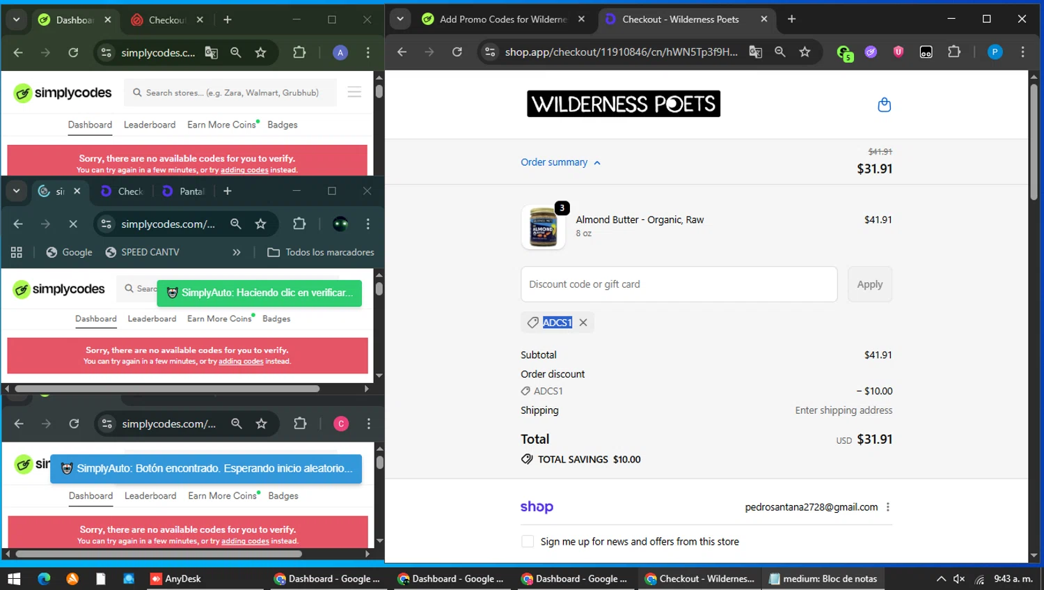 Wilderness Poets discount code screenshot showing code ADCS1 applied at Wilderness Poets checkout page. Uploaded by SimplyCodes community member MAVESA on Feb 9, 2026