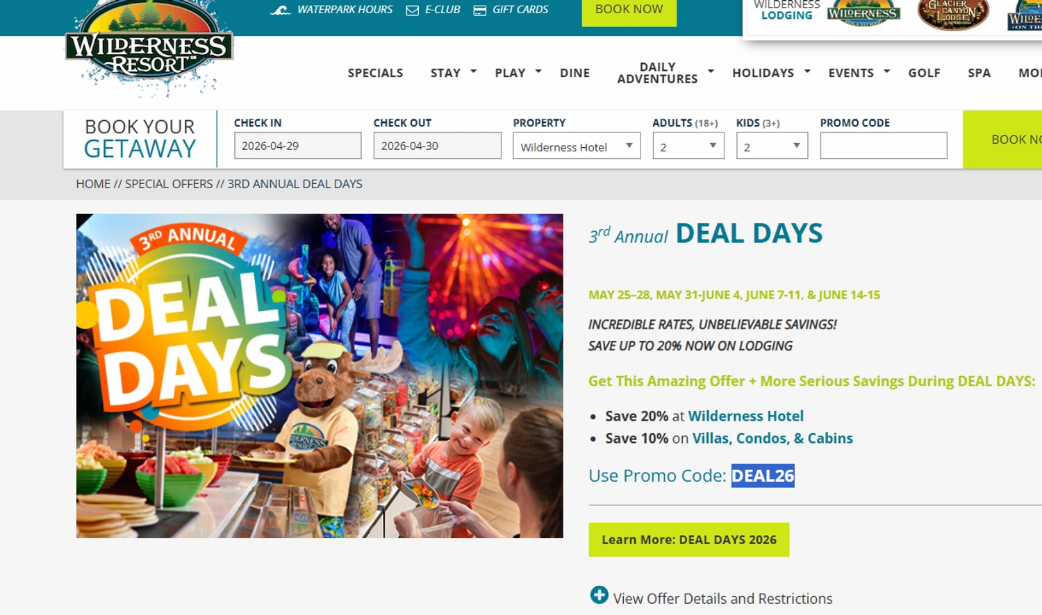 Wilderness Resort promo code screenshot showing code DEAL26 applied at Wilderness Resort checkout page. Uploaded by SimplyCodes community member Dejadepicharme on Apr 29, 2026
