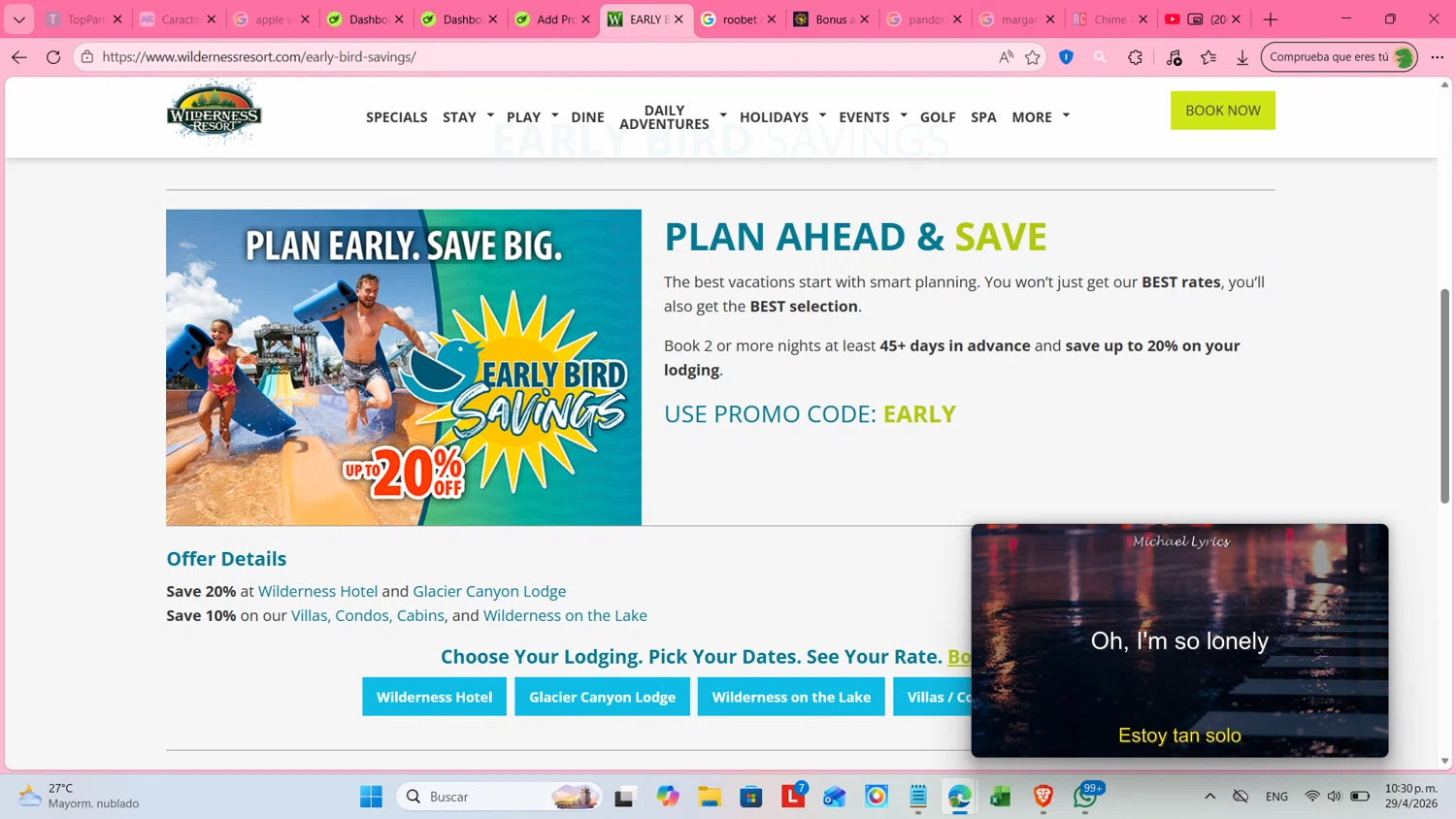 Wilderness Resort promo code screenshot showing code EARLY applied at Wilderness Resort checkout page. Uploaded by SimplyCodes community member cosita on Apr 30, 2026