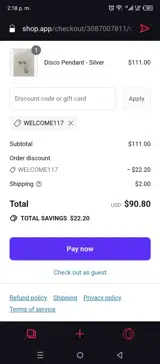 WELCOME117 coupon verification screenshot