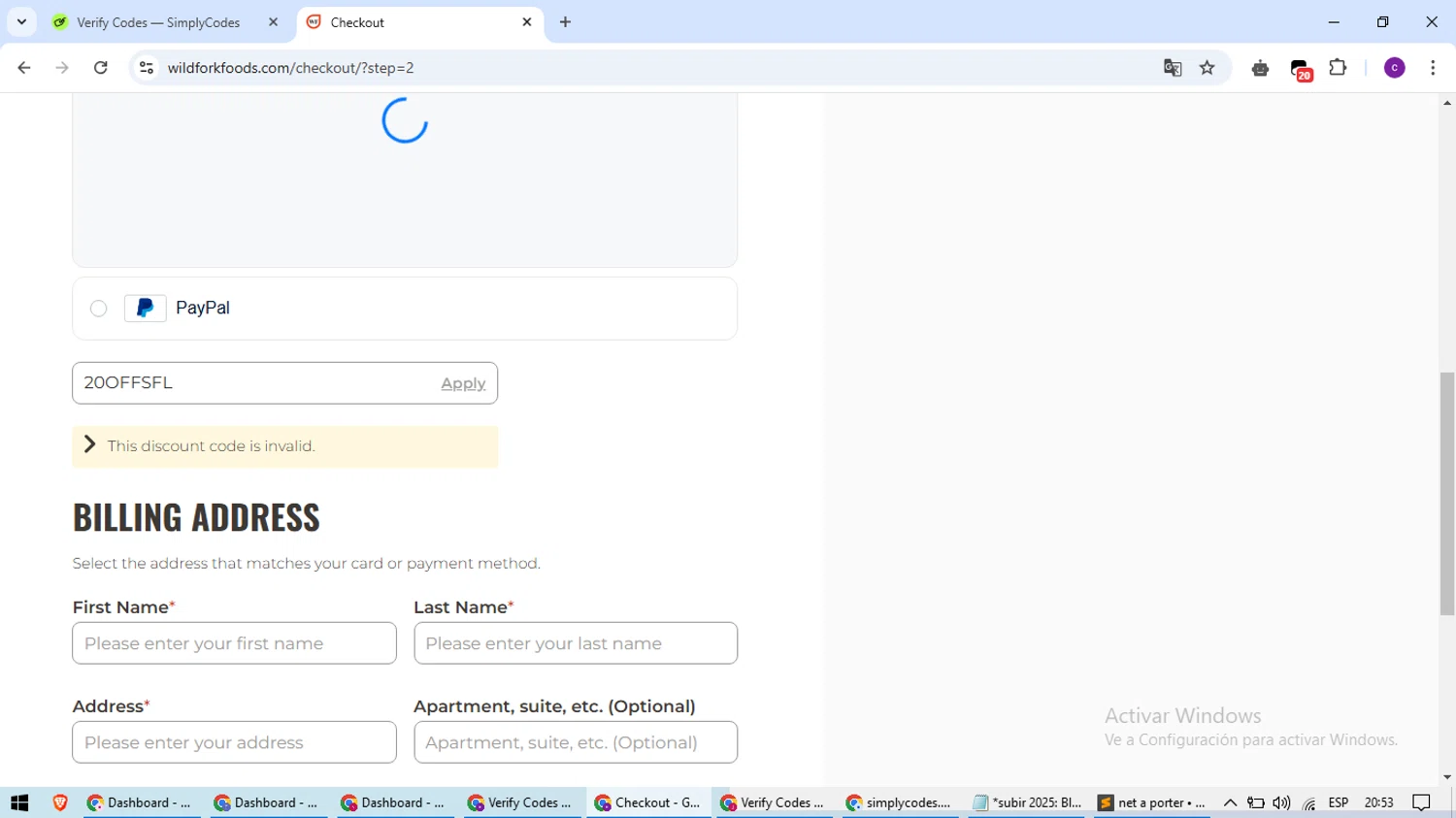 Wild Fork Foods discount code screenshot showing code 20OFFSFL applied at Wild Fork Foods checkout page. Uploaded by SimplyCodes community member SavingsWarden1053 on Feb 23, 2025