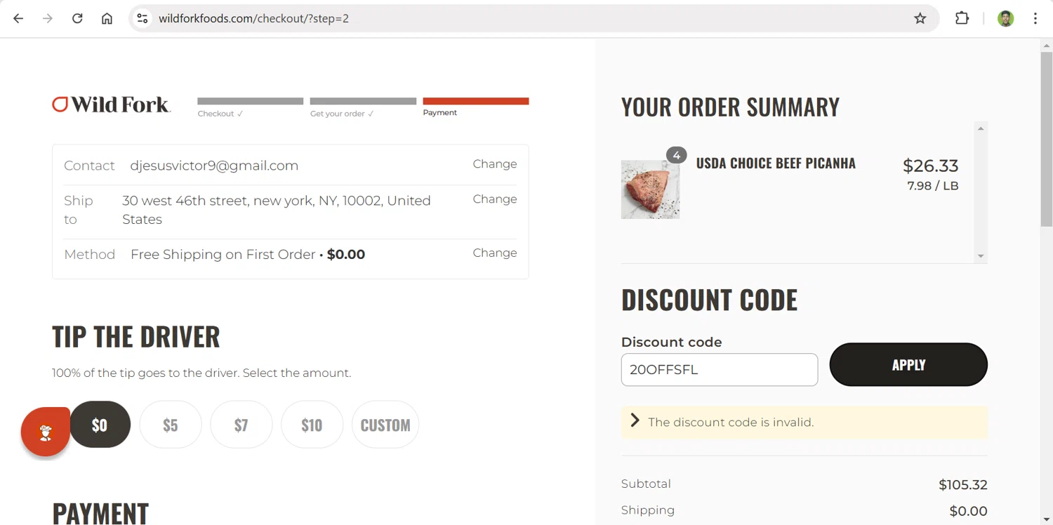 Wild Fork Foods discount code screenshot showing code 20OFFSFL applied at Wild Fork Foods checkout page. Uploaded by SimplyCodes community member CleverPilot4885 on Jan 25, 2025