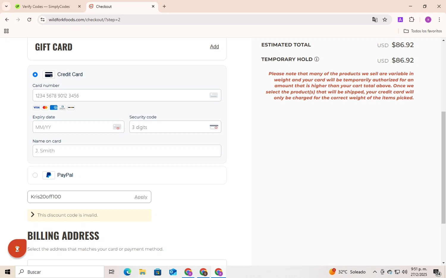 Wild Fork Foods discount code screenshot showing code Kris20off100 applied at Wild Fork Foods checkout page. Uploaded by SimplyCodes community member Andygar on Feb 27, 2025