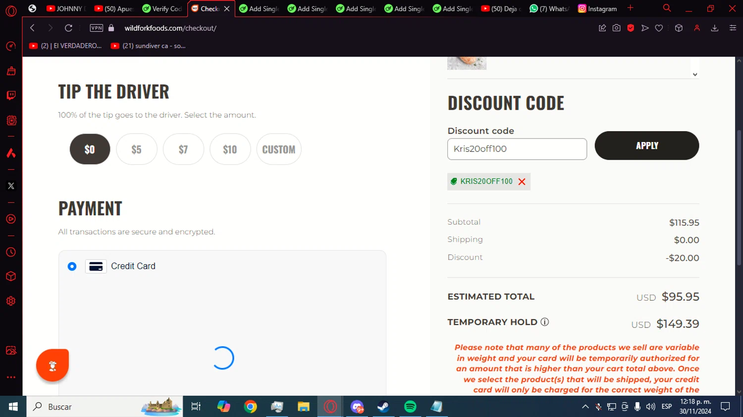 Wild Fork Foods checkout page showing Wild Fork Foods discount code box | Screenshot taken by SimplyCodes community member on Nov 30, 2024
