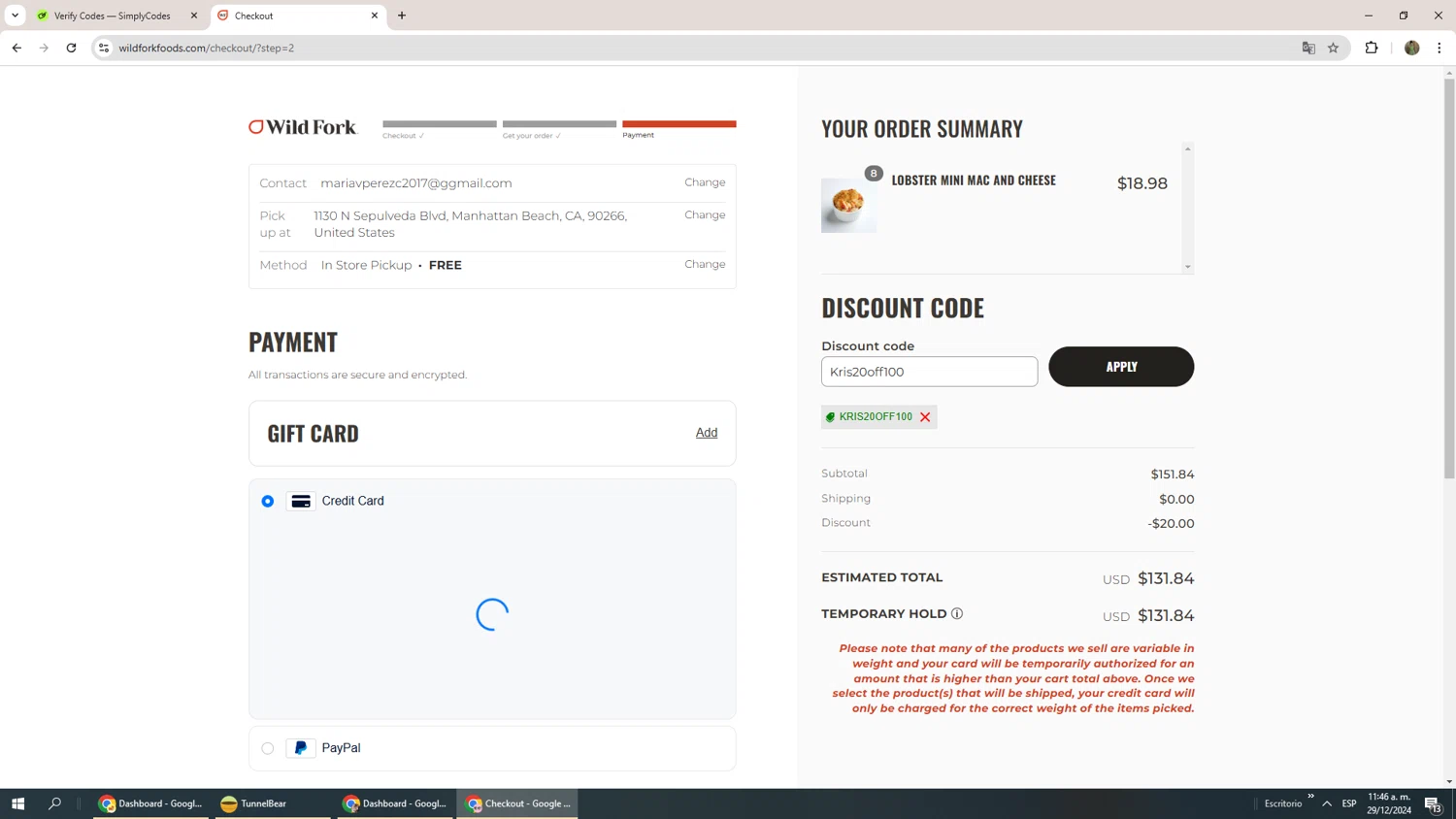 Wild Fork Foods checkout page showing Wild Fork Foods discount code box | Screenshot taken by SimplyCodes community member on Dec 29, 2024