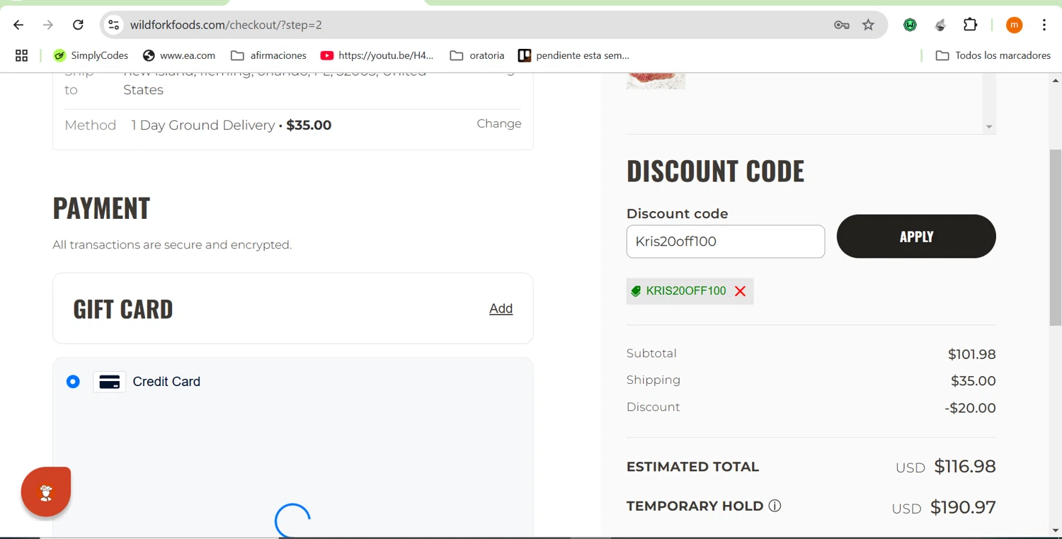 Wild Fork Foods checkout page showing Wild Fork Foods discount code box | Screenshot taken by SimplyCodes community member on Dec 18, 2024