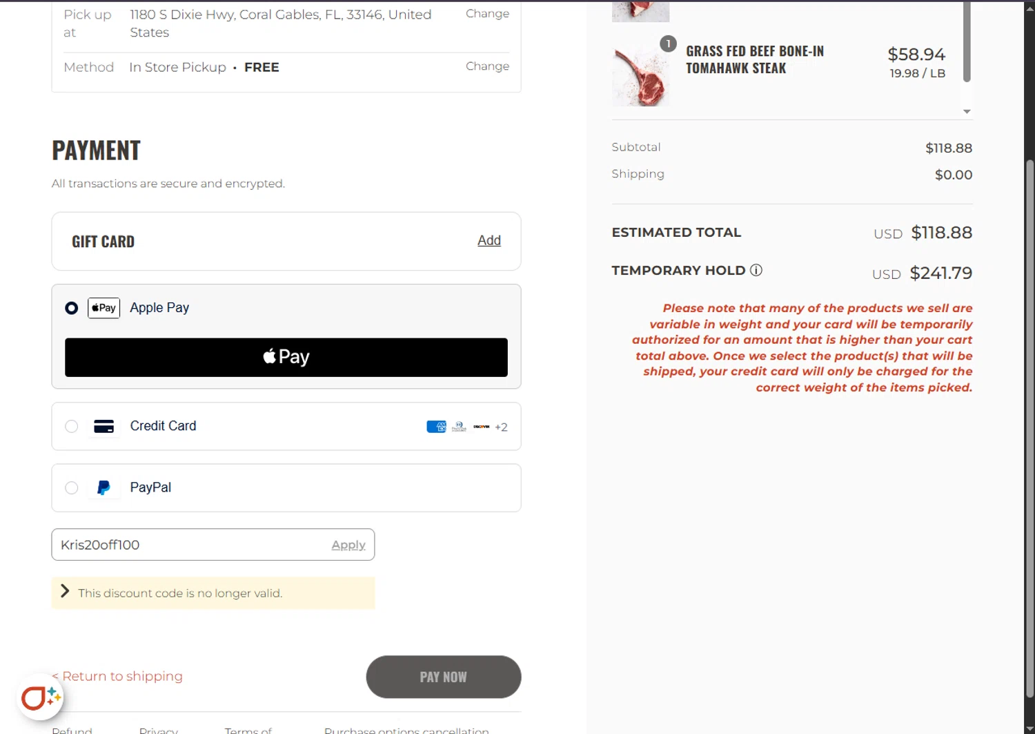 Wild Fork Foods discount code screenshot showing code Kris20off100 applied at Wild Fork Foods checkout page. Uploaded by SimplyCodes community member SalePhoenix2220 on Aug 1, 2025