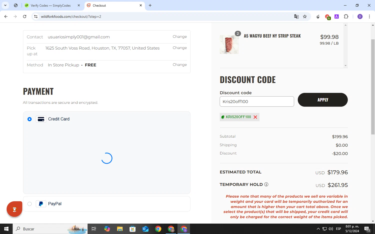 Wild Fork Foods checkout page showing Wild Fork Foods discount code box | Screenshot taken by SimplyCodes community member on Dec 6, 2024