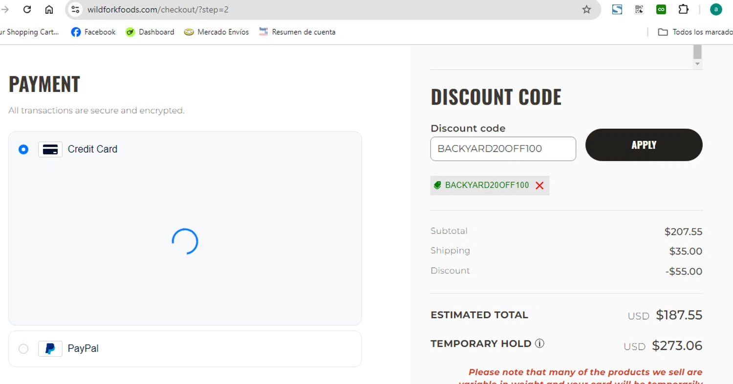 Wild Fork Foods checkout page showing Wild Fork Foods discount code box | Screenshot taken by SimplyCodes community member on Nov 21, 2024