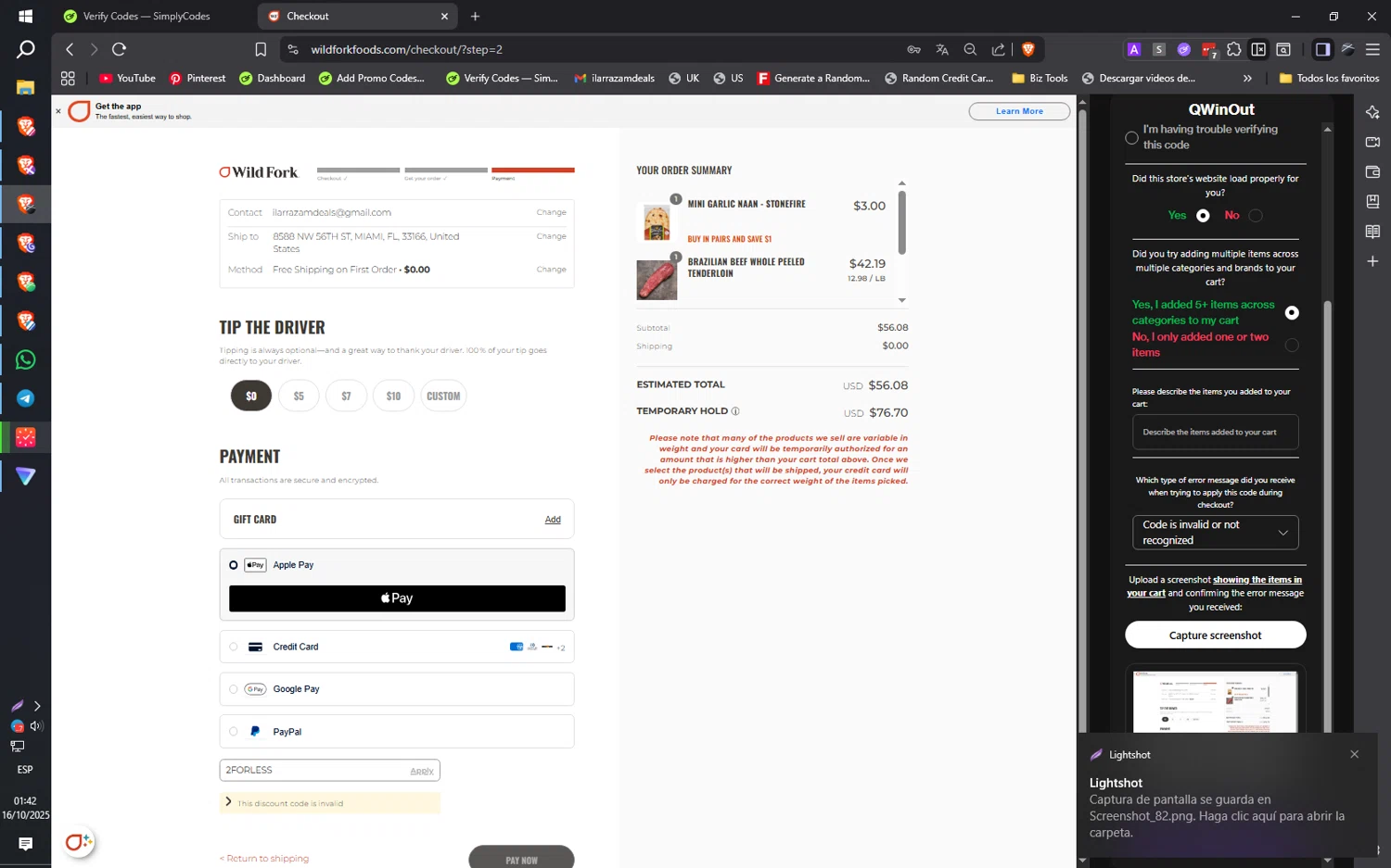Wild Fork Foods discount code screenshot showing code 2FORLESS applied at Wild Fork Foods checkout page. Uploaded by SimplyCodes community member ilarrazaM1 on Oct 16, 2025