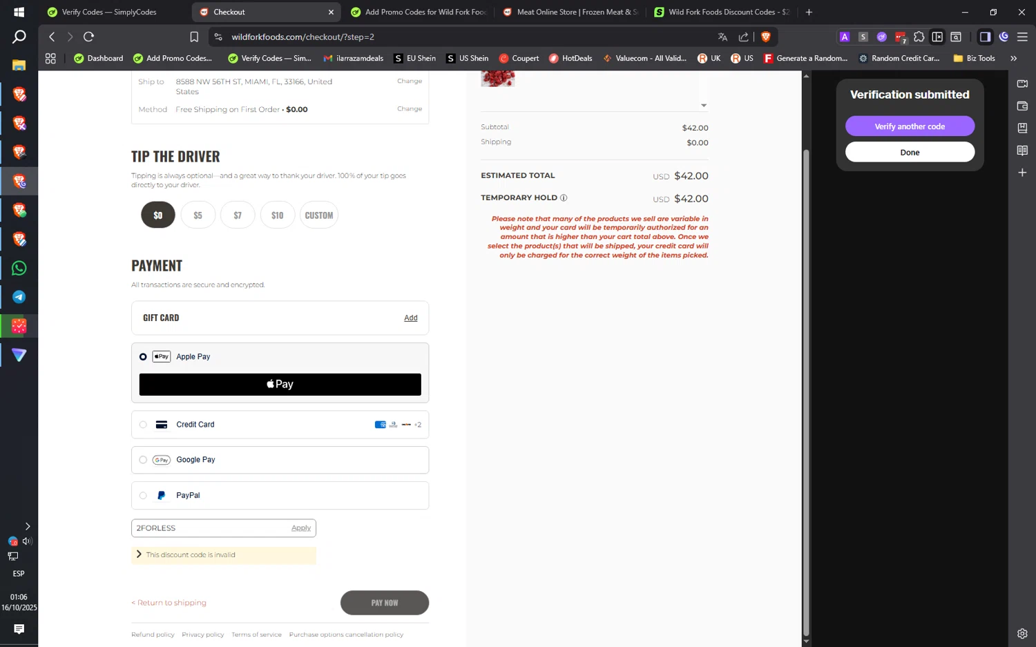 Wild Fork Foods discount code screenshot showing code 2FORLESS applied at Wild Fork Foods checkout page. Uploaded by SimplyCodes community member QuantumRider5931 on Oct 16, 2025