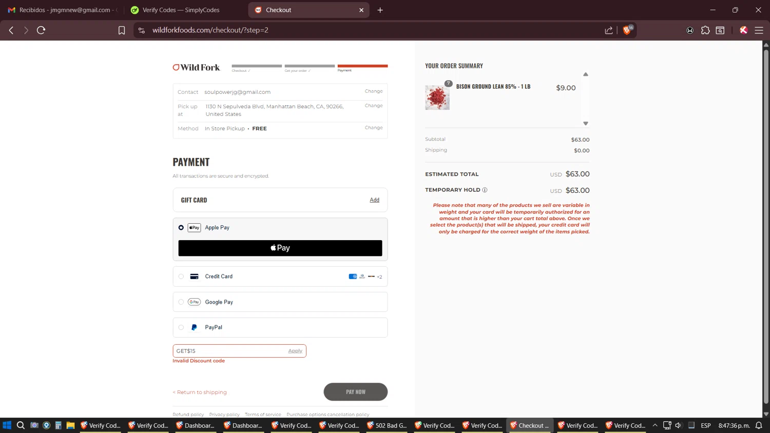 Wild Fork Foods discount code screenshot showing code GET$15 applied at Wild Fork Foods checkout page. Uploaded by SimplyCodes community member Amidamaru on Oct 30, 2025