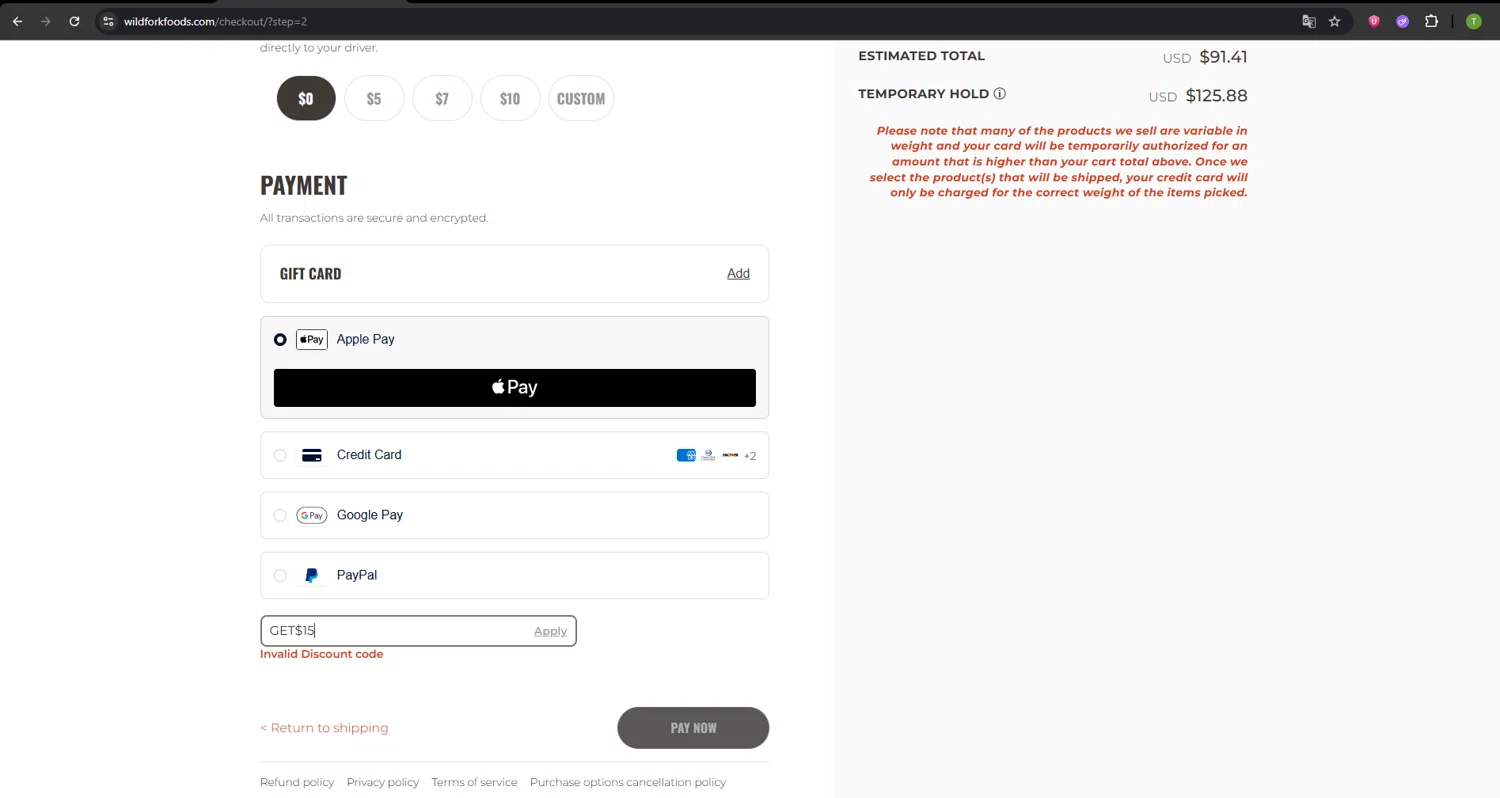 Wild Fork Foods discount code screenshot showing code GET$15 applied at Wild Fork Foods checkout page. Uploaded by SimplyCodes community member SavvyNavigator1720 on Oct 30, 2025