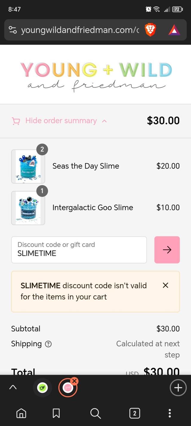 Young Wild and Friedman checkout page showing Young Wild and Friedman discount code box | Screenshot taken by SimplyCodes community member on Aug 28, 2024