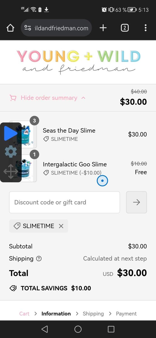Young Wild and Friedman checkout page showing Young Wild and Friedman discount code box | Screenshot taken by SimplyCodes community member on Aug 28, 2024