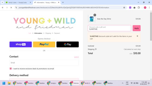 Young Wild and Friedman checkout page showing Young Wild and Friedman discount code box | Screenshot taken by SimplyCodes community member on Aug 28, 2024