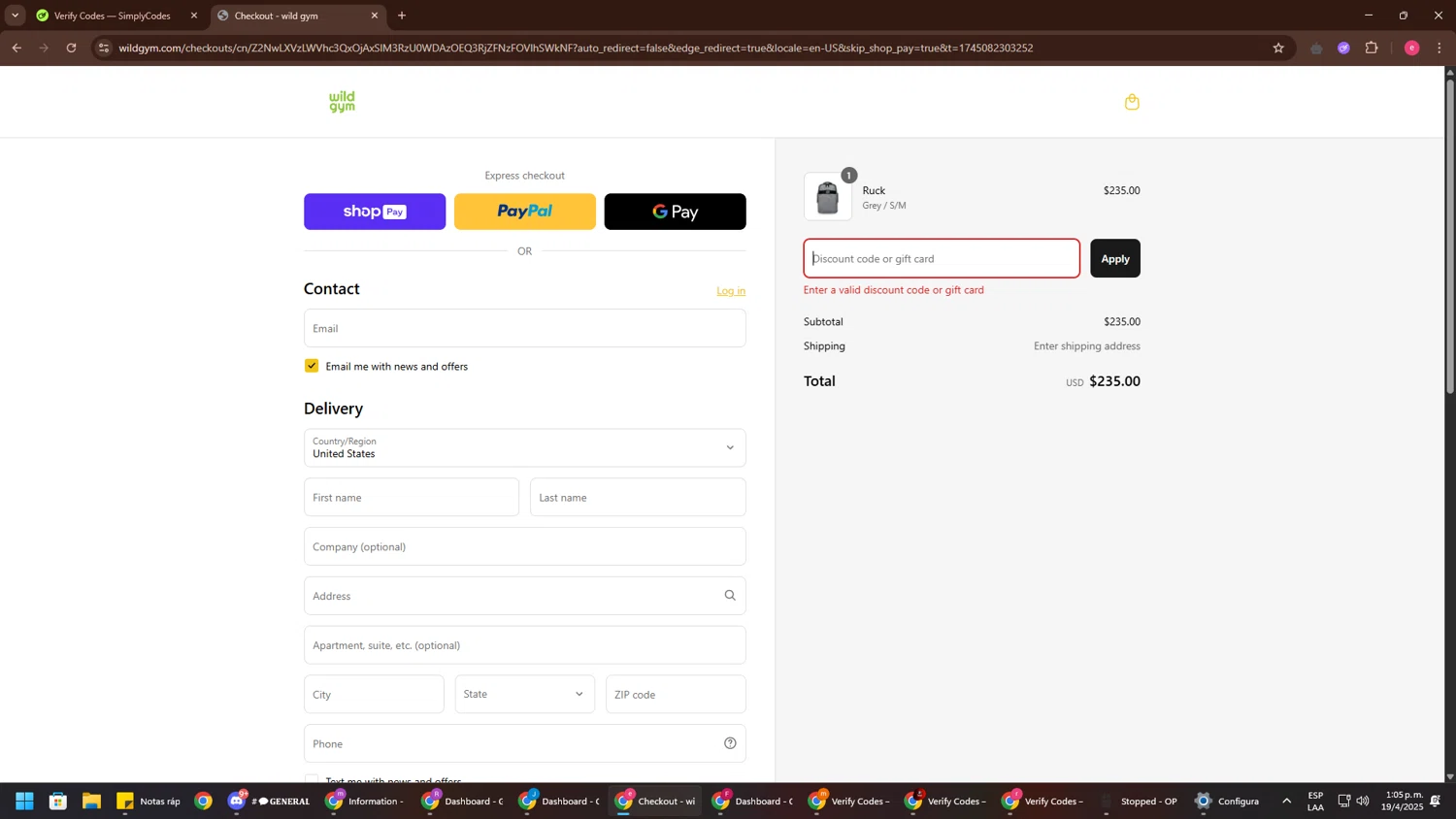 Wild Gym discount code screenshot showing code BEWILD10 applied at Wild Gym checkout page. Uploaded by SimplyCodes community member TreasureWarden457 on Apr 19, 2025