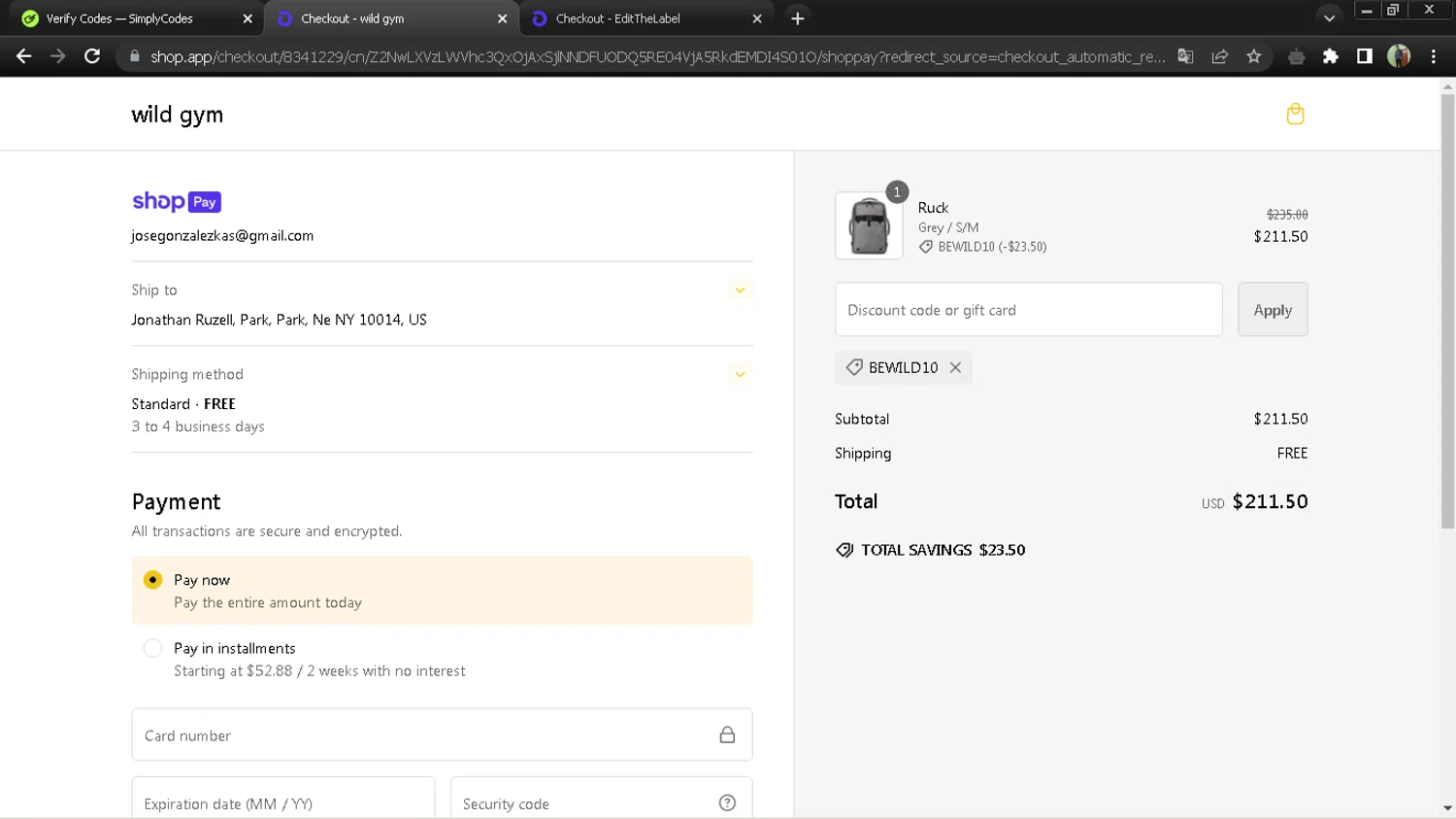 Wild Gym checkout page showing Wild Gym discount code box | Screenshot taken by SimplyCodes community member on Oct 7, 2024