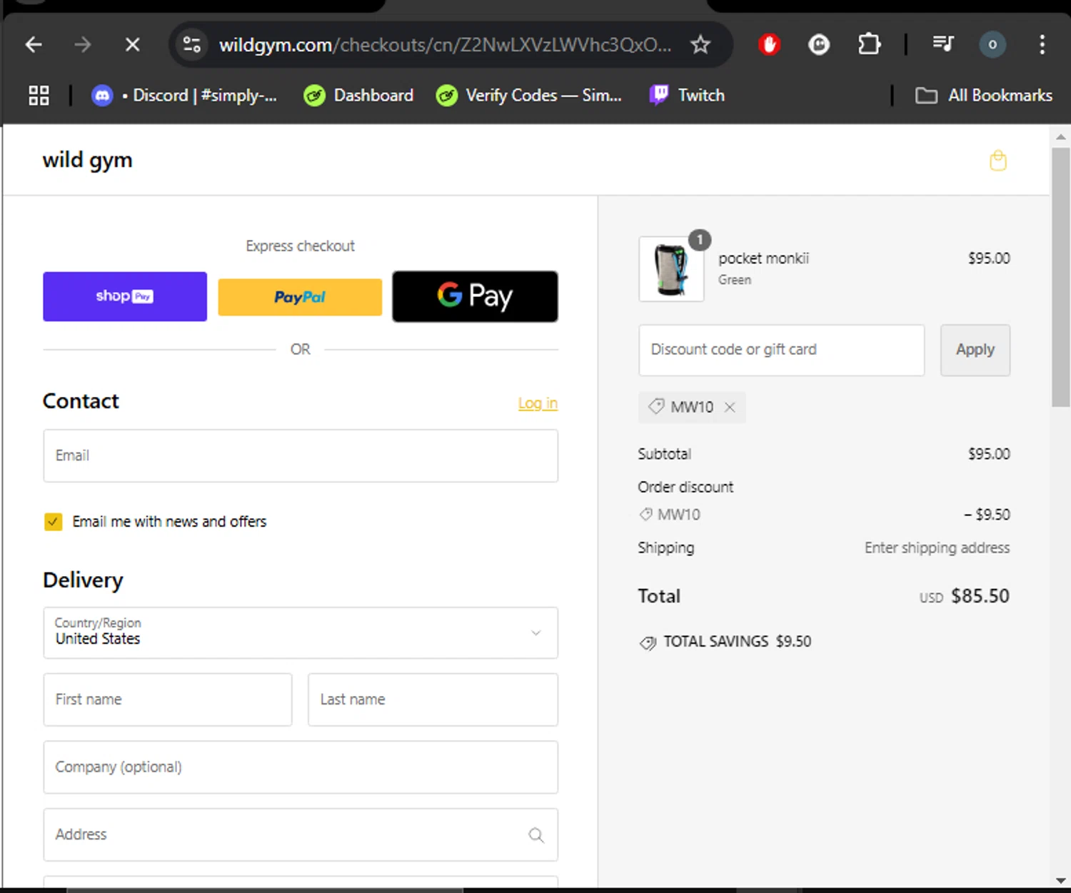 Wild Gym checkout page showing Wild Gym discount code box | Screenshot taken by SimplyCodes community member on Nov 9, 2024