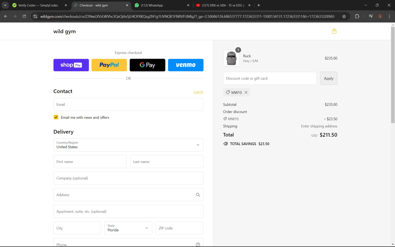 Wild Gym checkout page showing Wild Gym discount code box | Screenshot taken by SimplyCodes community member on Aug 14, 2024