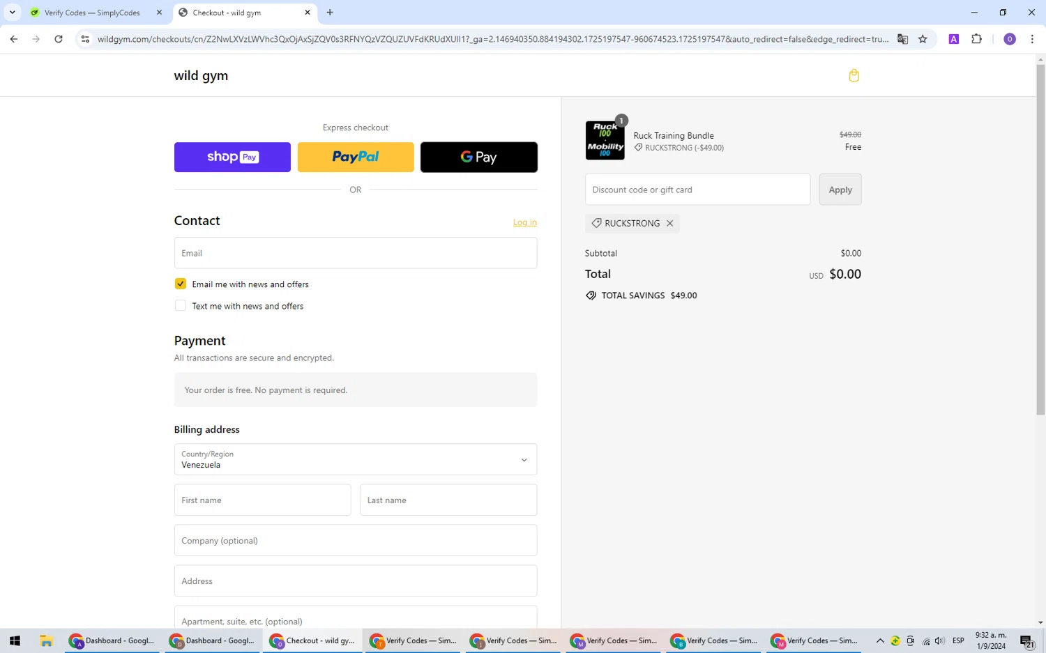 Wild Gym checkout page showing Wild Gym discount code box | Screenshot taken by SimplyCodes community member on Sep 1, 2024