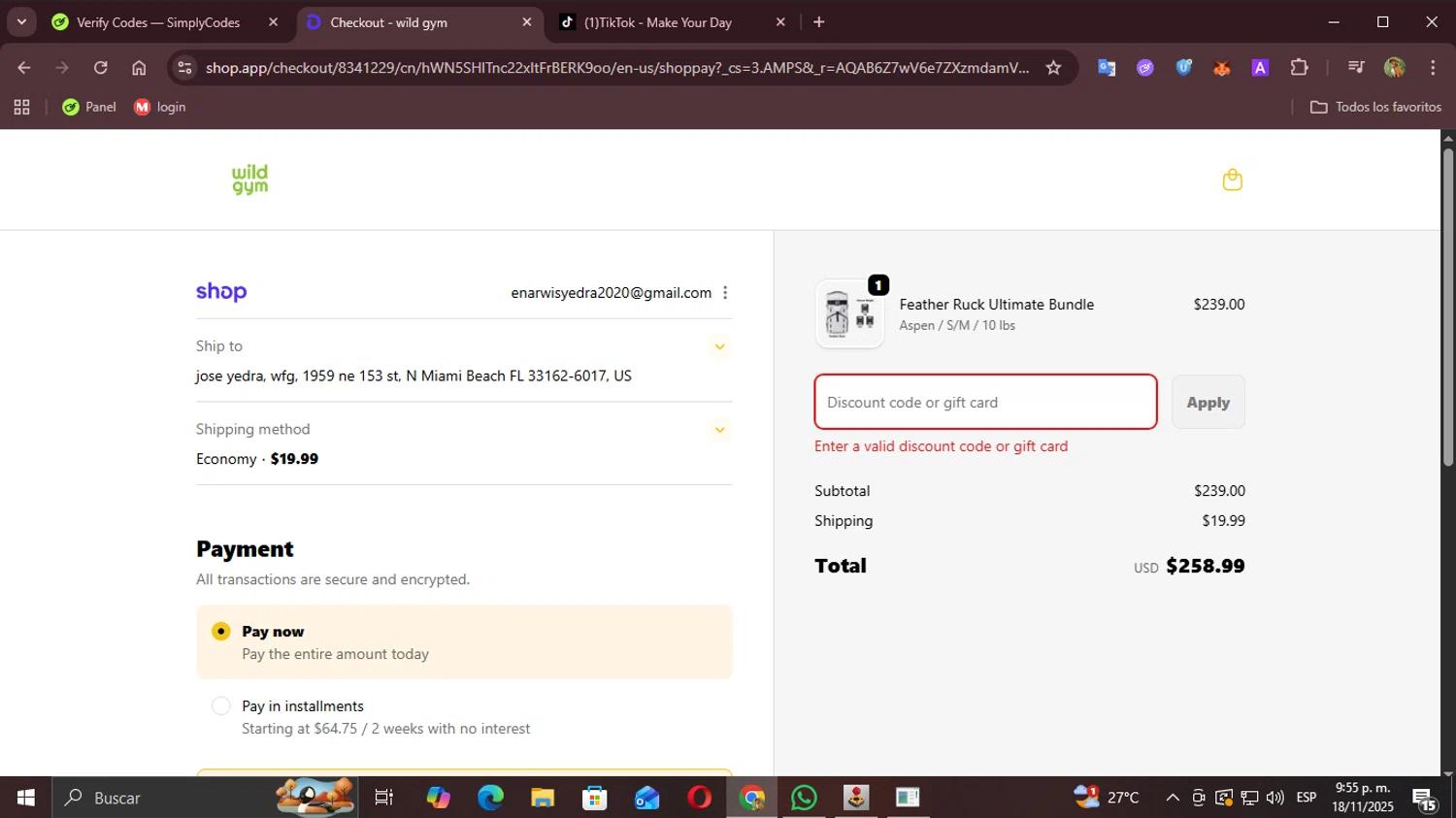 Wild Gym discount code screenshot showing code VIP50 applied at Wild Gym checkout page. Uploaded by SimplyCodes community member Demogorgon on Nov 19, 2025