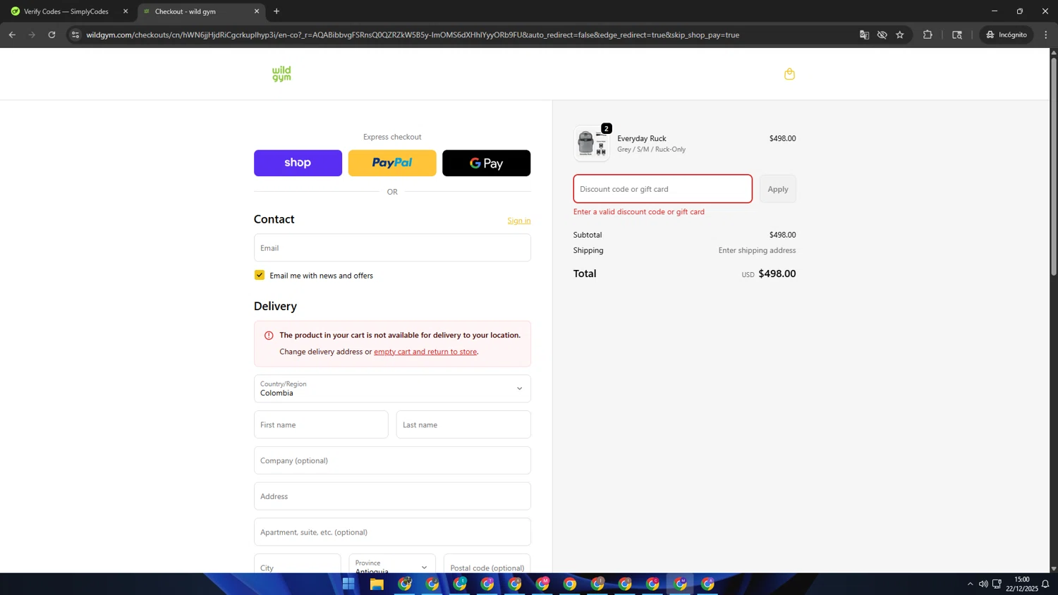 Wild Gym discount code screenshot showing code RESET applied at Wild Gym checkout page. Uploaded by SimplyCodes community member CRF250CC on Dec 22, 2025