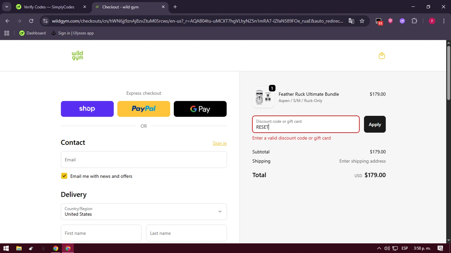 Wild Gym discount code screenshot showing code RESET applied at Wild Gym checkout page. Uploaded by SimplyCodes community member ValiantFox2134 on Dec 22, 2025
