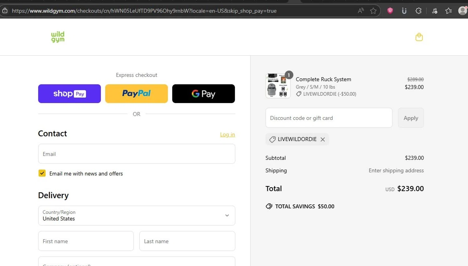 Wild Gym discount code screenshot showing code LIVEWILDORDIE applied at Wild Gym checkout page. Uploaded by SimplyCodes community member HonestVzla on Jun 30, 2025
