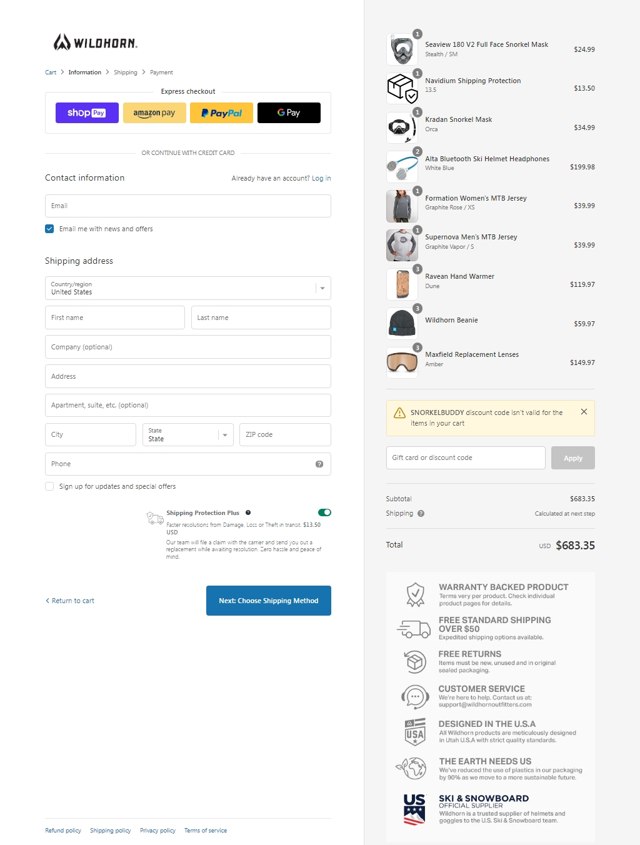Wildhorn Outfitters checkout page showing Wildhorn Outfitters discount code box | Screenshot taken by SimplyCodes community member on Jun 9, 2023