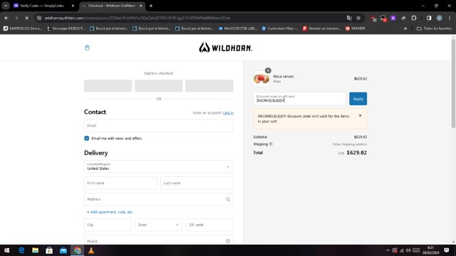 Wildhorn Outfitters checkout page showing Wildhorn Outfitters discount code box | Screenshot taken by SimplyCodes community member on Feb 28, 2024