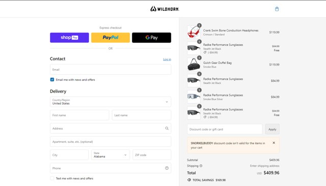 Wildhorn Outfitters checkout page showing Wildhorn Outfitters discount code box | Screenshot taken by SimplyCodes community member on Jun 23, 2024