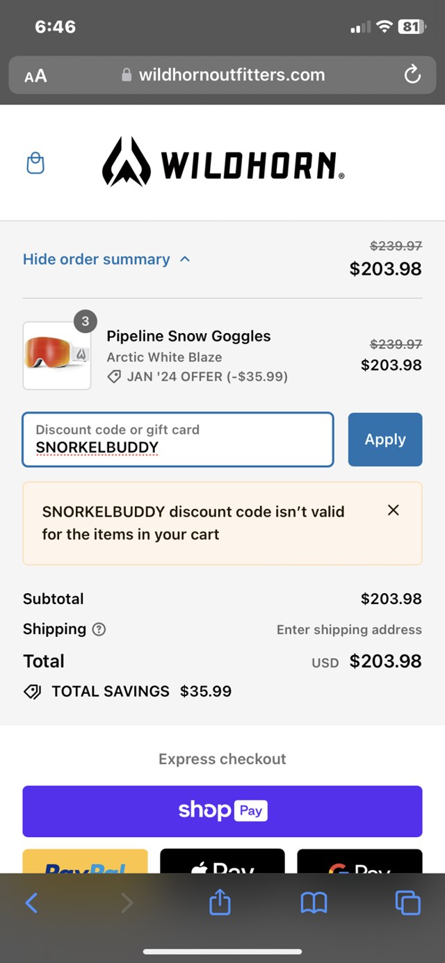 Wildhorn Outfitters checkout page showing Wildhorn Outfitters discount code box | Screenshot taken by SimplyCodes community member on Jan 25, 2024