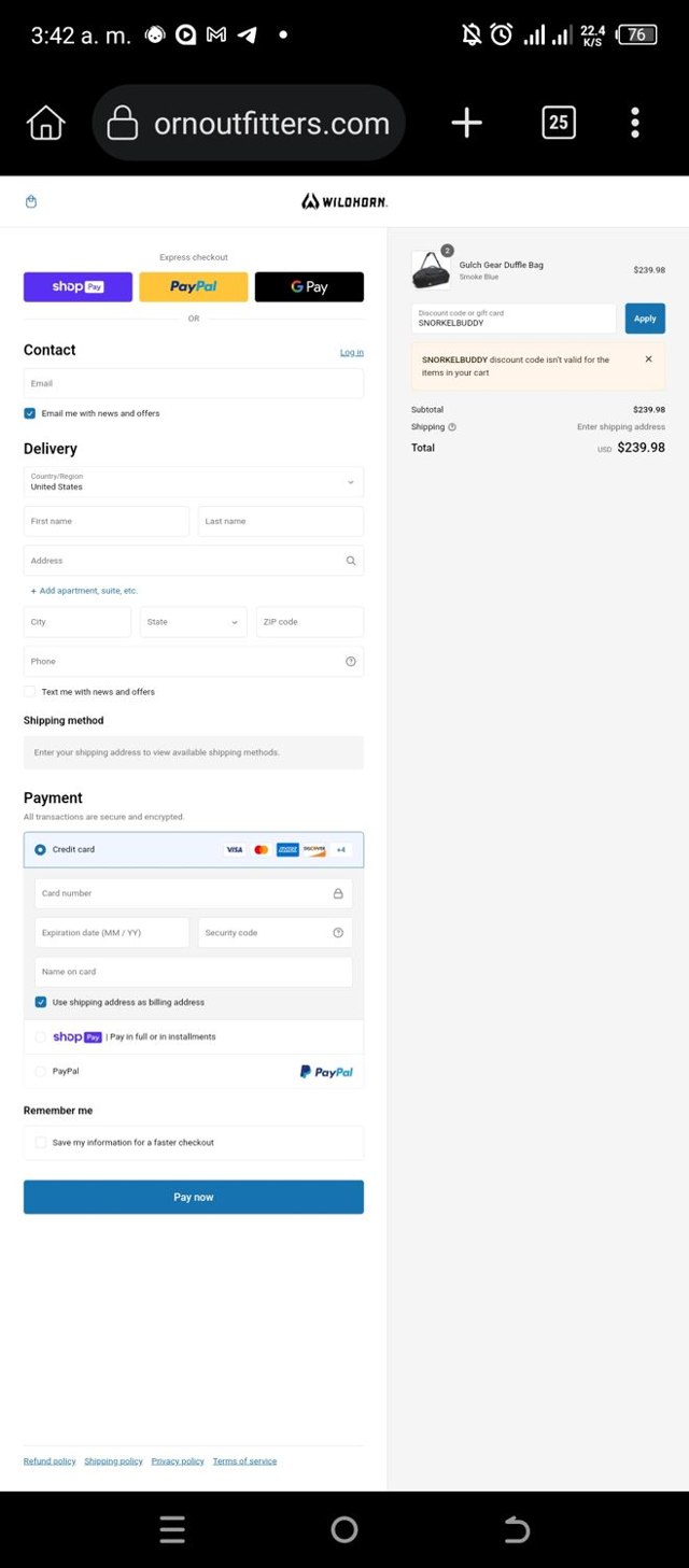 Wildhorn Outfitters checkout page showing Wildhorn Outfitters discount code box | Screenshot taken by SimplyCodes community member on Mar 7, 2024