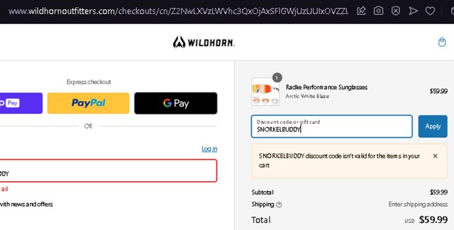 Wildhorn Outfitters checkout page showing Wildhorn Outfitters discount code box | Screenshot taken by SimplyCodes community member on May 22, 2024