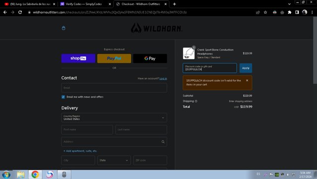 Wildhorn Outfitters checkout page showing Wildhorn Outfitters discount code box | Screenshot taken by SimplyCodes community member on Feb 17, 2024
