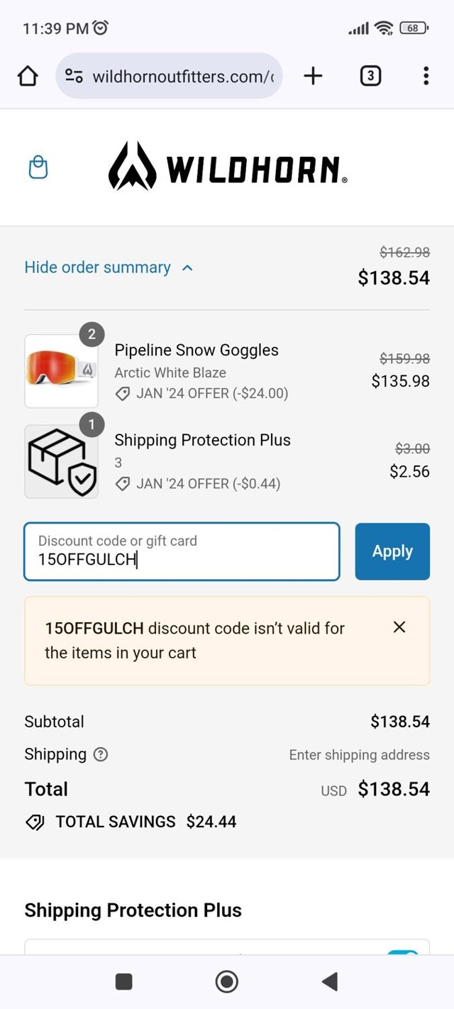 Wildhorn Outfitters checkout page showing Wildhorn Outfitters discount code box | Screenshot taken by SimplyCodes community member on Jan 11, 2024