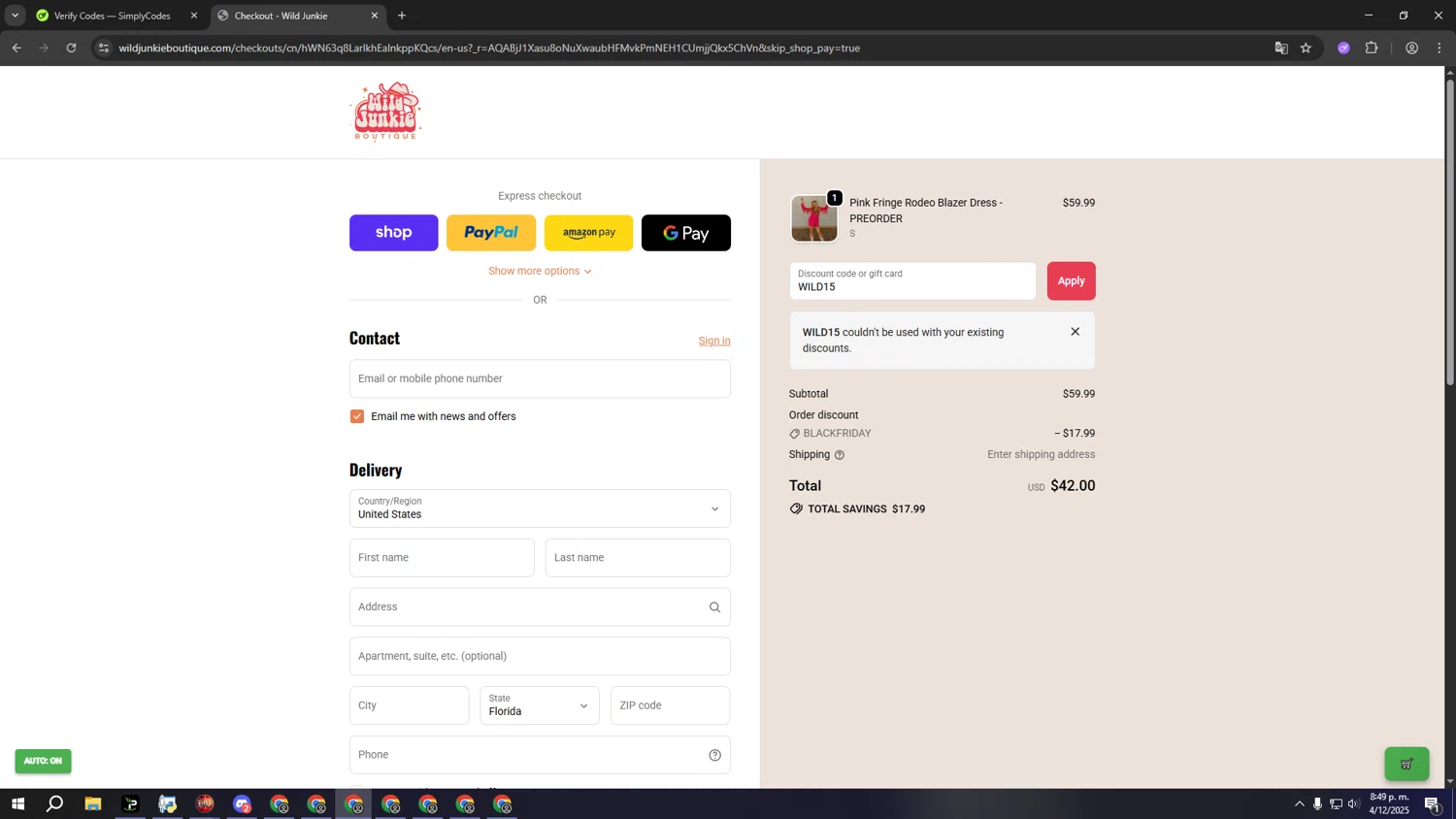 Wild Junkie promo code screenshot showing code WILD15 applied at Wild Junkie checkout page. Uploaded by SimplyCodes community member lllllllllllllll on Dec 5, 2025