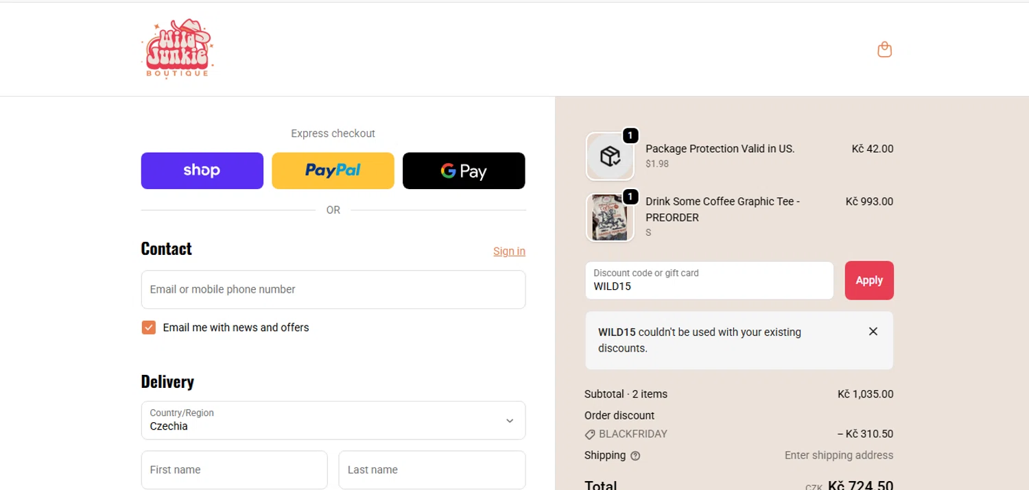 Wild Junkie promo code screenshot showing code WILD15 applied at Wild Junkie checkout page. Uploaded by SimplyCodes community member xHRxUltrax on Nov 29, 2025