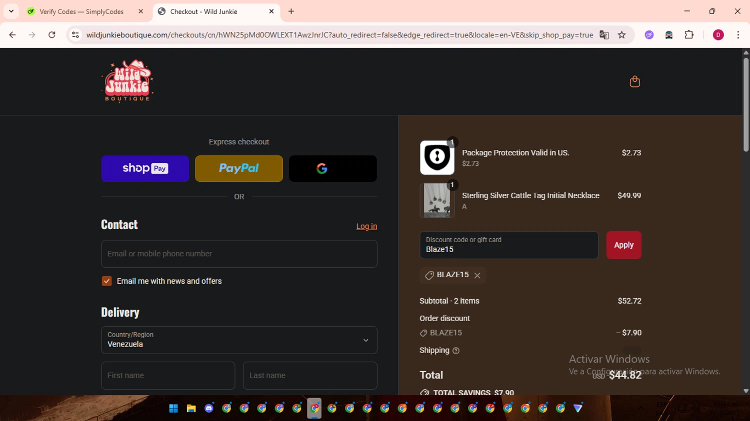Wild Junkie promo code screenshot showing code Blaze15 applied at Wild Junkie checkout page. Uploaded by SimplyCodes community member EpicSaver9948 on Aug 22, 2025