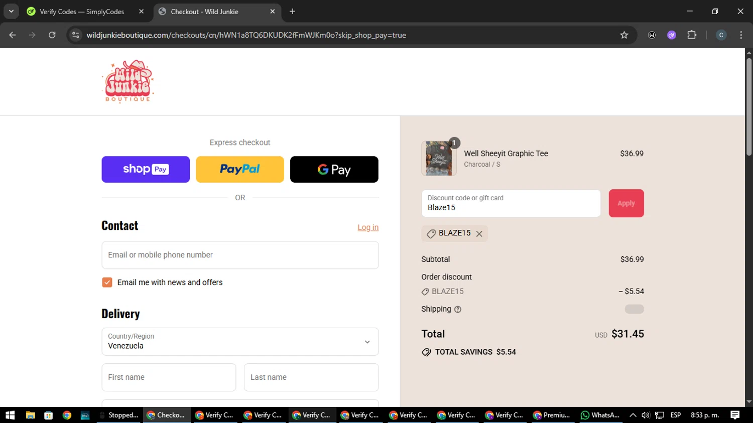 Wild Junkie promo code screenshot showing code Blaze15 applied at Wild Junkie checkout page. Uploaded by SimplyCodes community member Nata_Montana on Aug 9, 2025