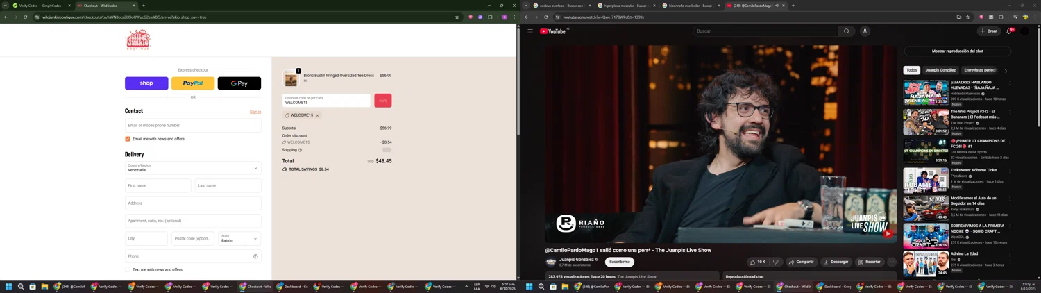 Wild Junkie promo code screenshot showing code WELCOME15 applied at Wild Junkie checkout page. Uploaded by SimplyCodes community member RoyalSentinel4577 on Oct 6, 2025