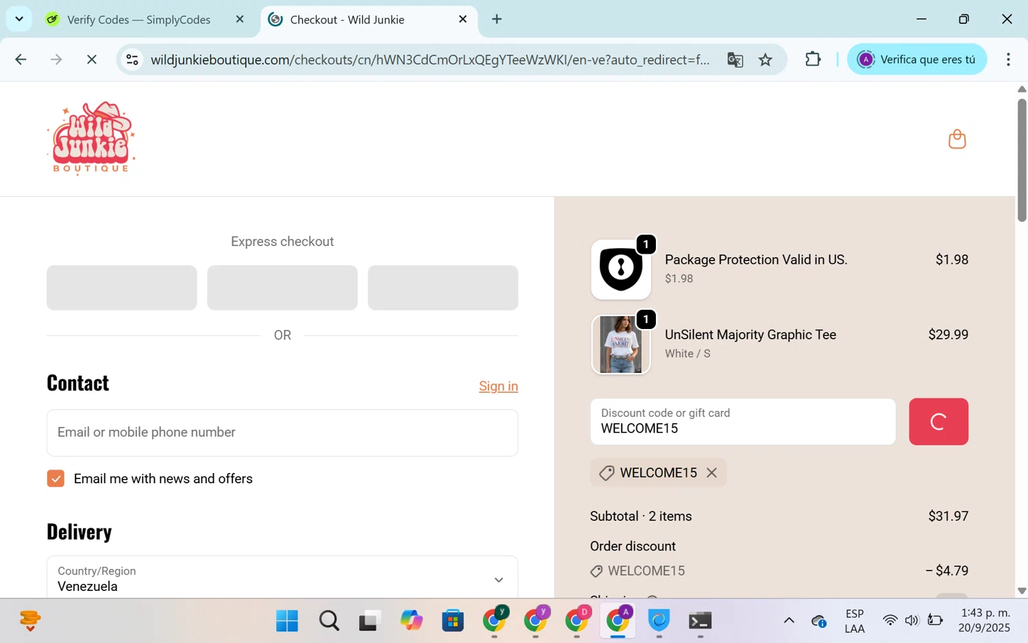 Wild Junkie promo code screenshot showing code WELCOME15 applied at Wild Junkie checkout page. Uploaded by SimplyCodes community member SEANJOHN55 on Sep 20, 2025