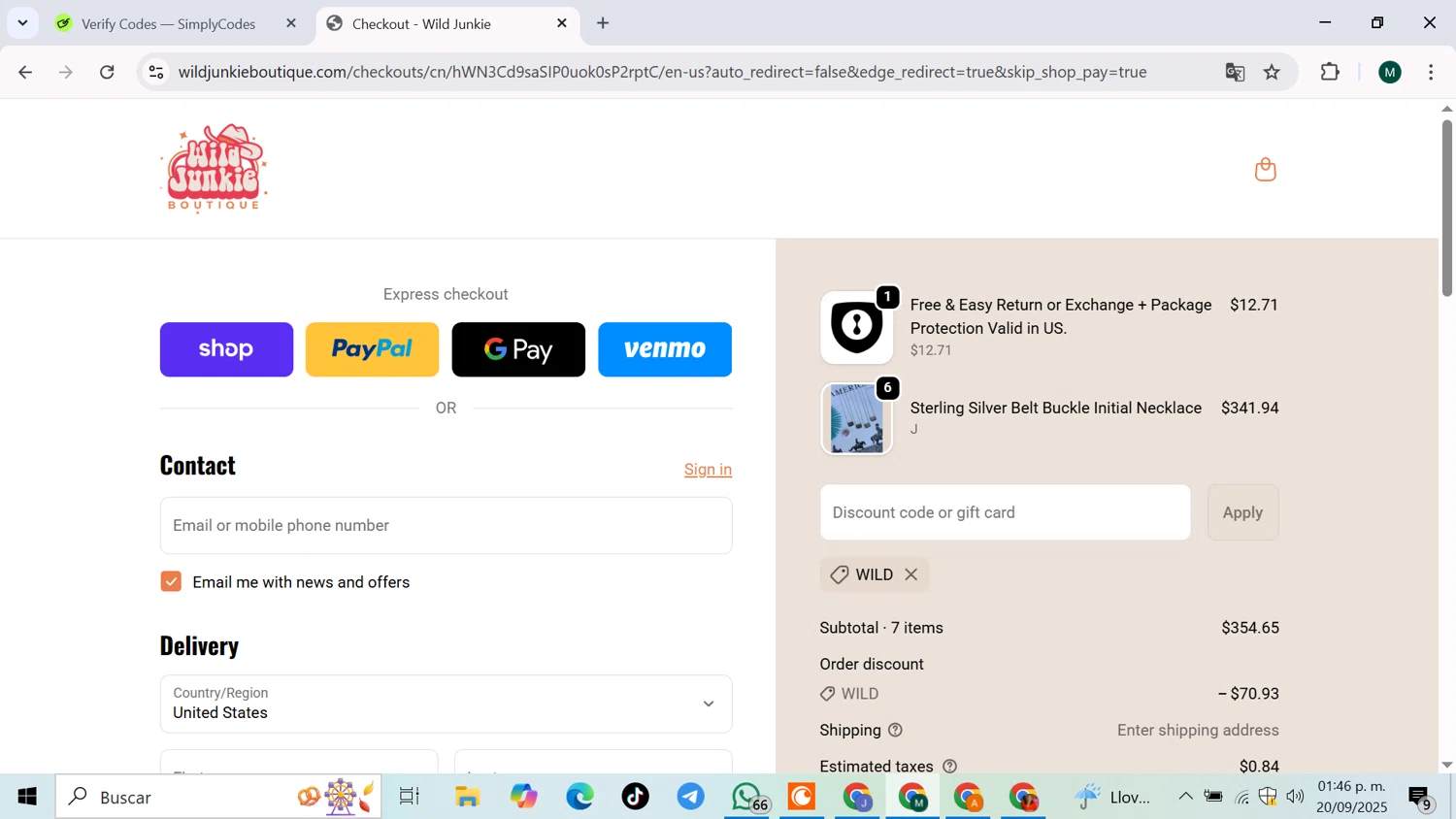 Wild Junkie promo code screenshot showing code wild applied at Wild Junkie checkout page. Uploaded by SimplyCodes community member JPRJOESTAR on Sep 20, 2025